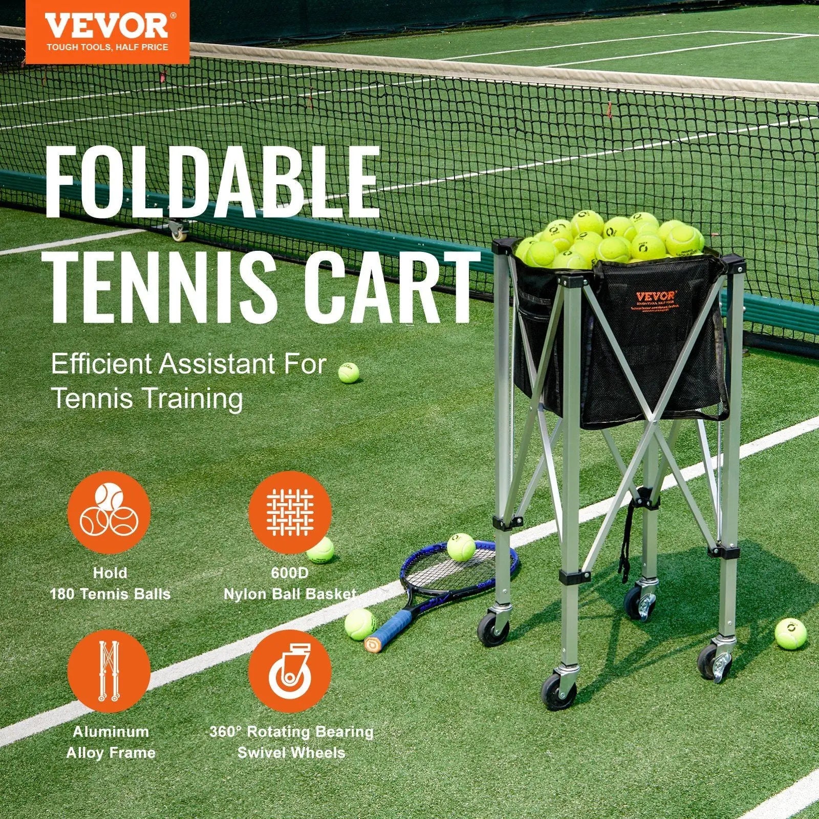 VEVOR Foldable Tennis Ball Hopper, Holds 180 Tennis Balls, Lightweight Aluminum Alloy Tennis Ball Basket Cart with Wheels, Removable Bag, Carry Bag, Portable Sports Teaching Cart for Tennis Player Doba