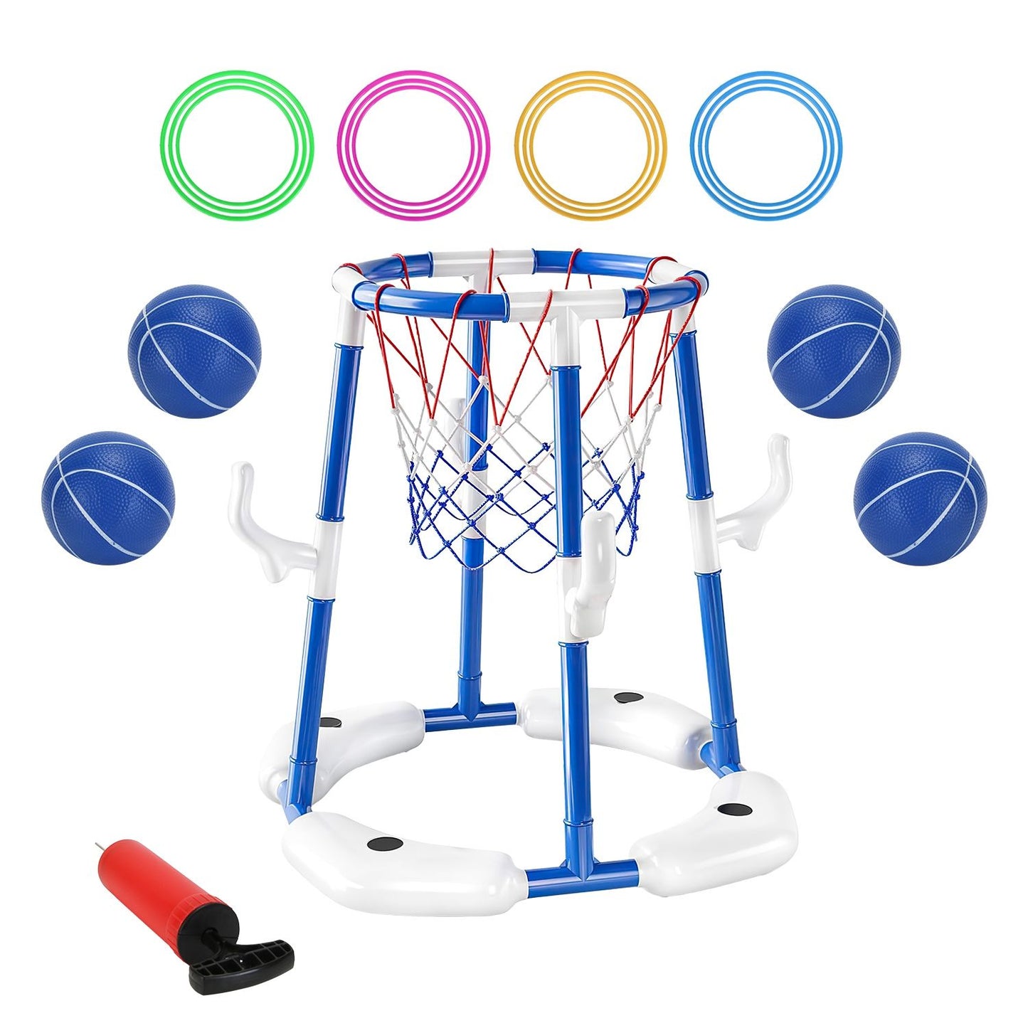 Summer Pool Basketball Hoop Toy Set With 4 Basketballs 4 Circles Pump Floating Swimming Pool Basketball Games Poolside Water Play Toy For 3-12Years Old Kids Adults - Freetyme Store