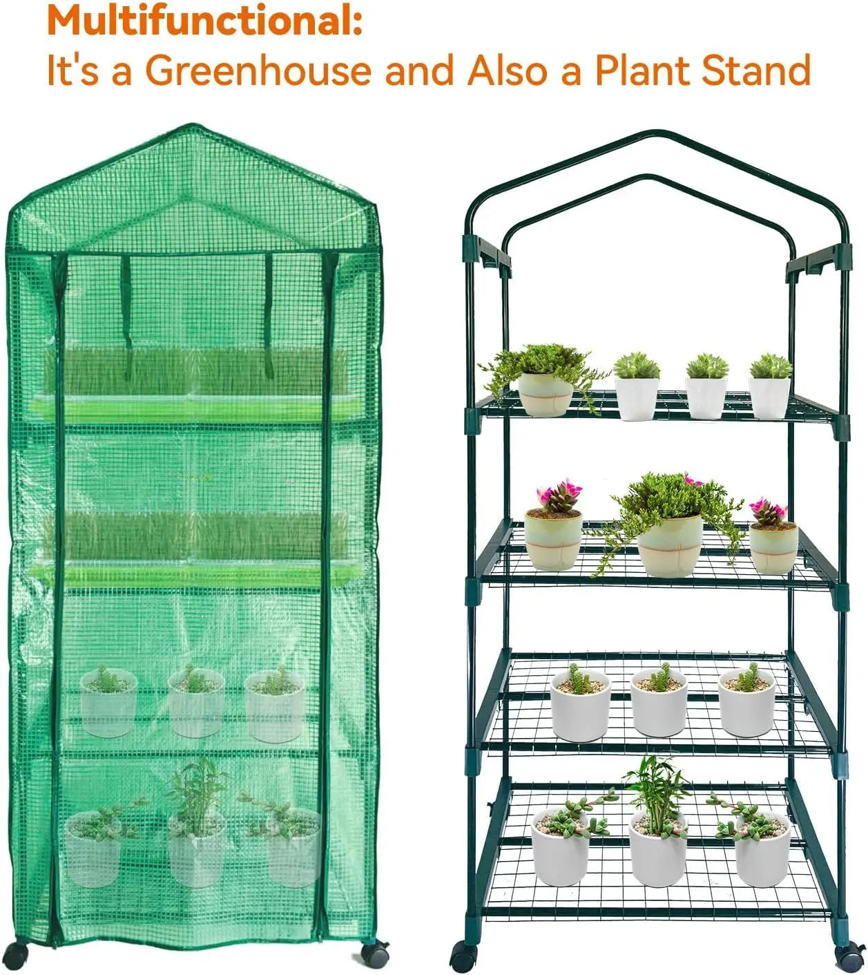 Mini Greenhouse,4 Tier Small Portable Greenhouses Kit with Caster Wheels and Roll-up Zipper PE Cover,Green House for Indoor Outdoor Seedling and Plant Growing (70x50x165cm),Green Doba