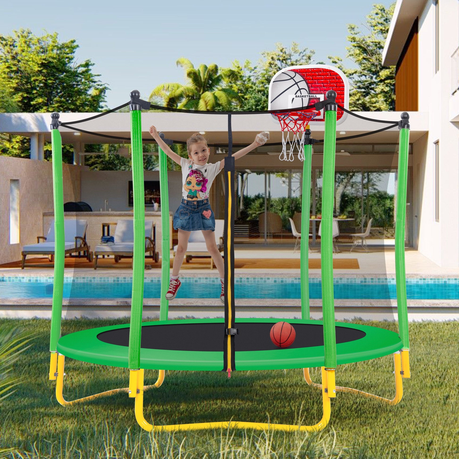 5.5FT Trampoline for Kids - 65" Outdoor & Indoor Mini Toddler Trampoline with Enclosure, Basketball Hoop and Ball Included Doba