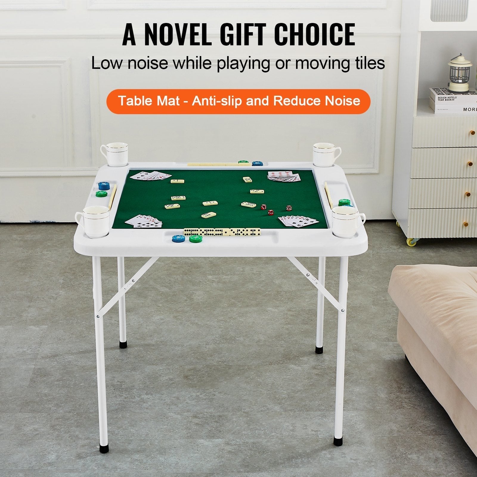 VEVOR Mahjong Table 4 Player Folding Card Table & Table Mat Cup Holder Chip Tray Doba