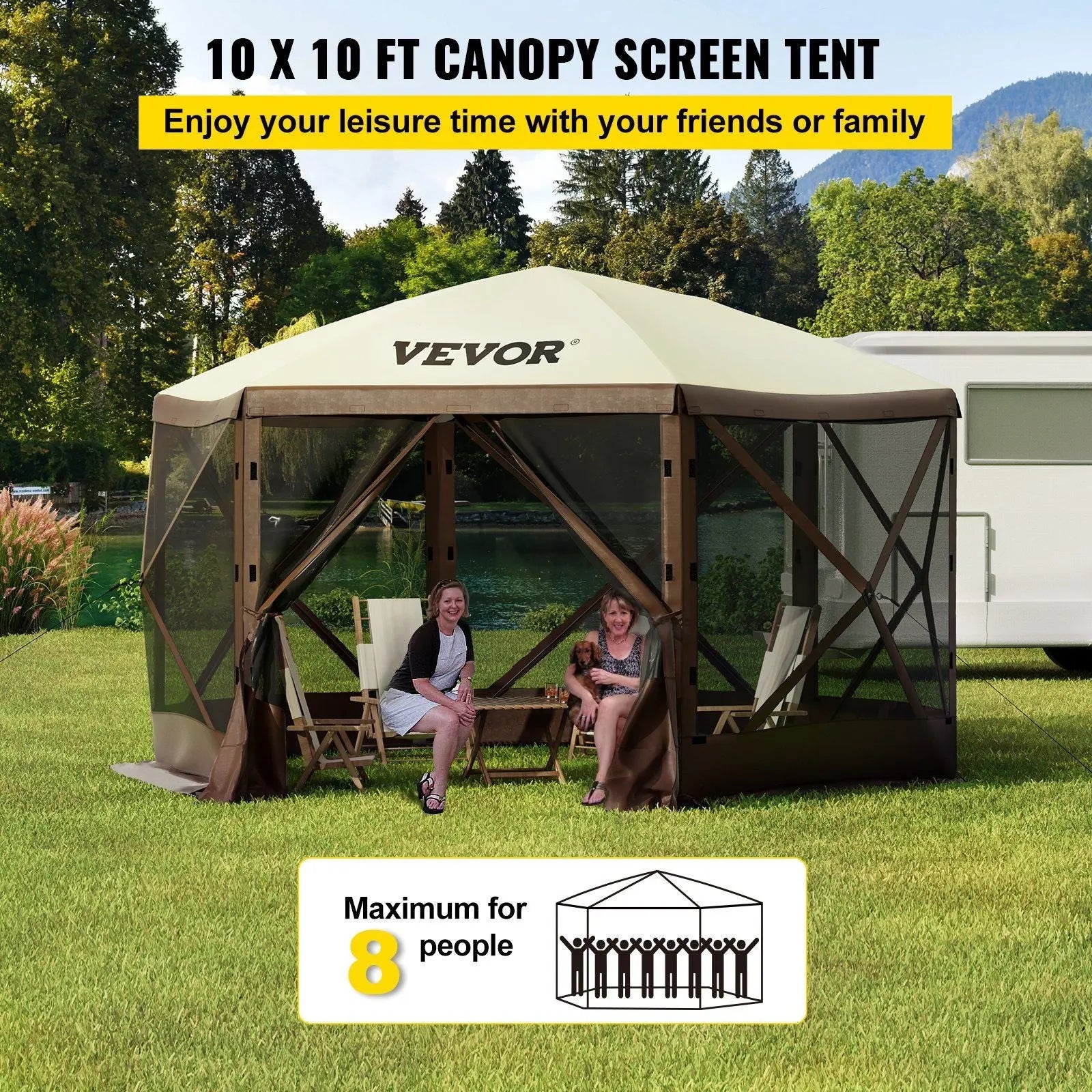 VEVOR Camping Gazebo Tent, 10'x10', 6 Sided Pop-up Canopy Screen Tent for 8 Person Camping, Waterproof Screen Shelter w/Portable Storage Bag, Ground Stakes, Mesh Windows, Brown & Beige Doba