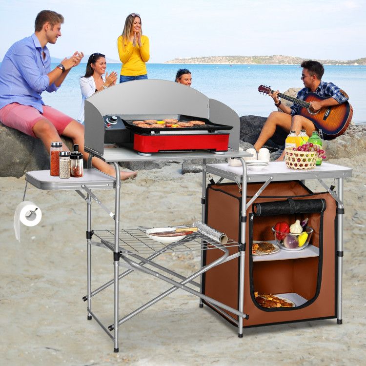 Foldable Outdoor BBQ Portable Grilling Table with Windscreen Bag Doba