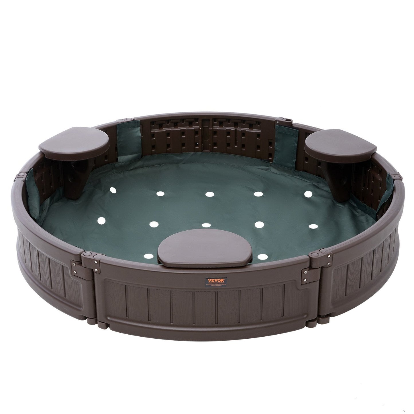 VEVOR Sandbox with Cover, 47.2 x 9.1 in Round Sand Box, HDPE Sand Pit with 3 Corner Seating and Bottom Liner, Kids Sandbox for Outdoor Backyard, Beach, Park, Gift for Boys Girls Ages 3-12, Brown Doba