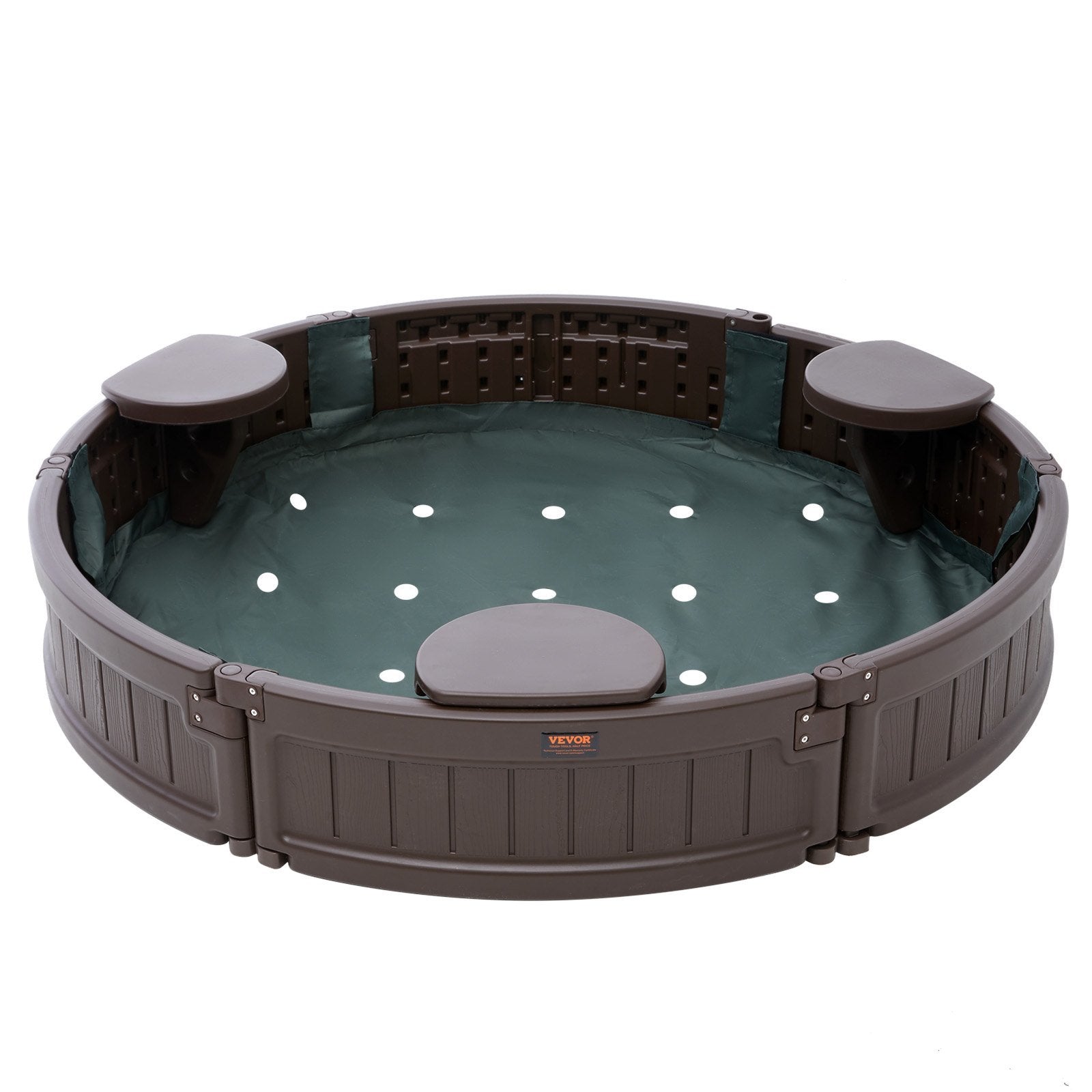VEVOR Sandbox with Cover, 47.2 x 9.1 in Round Sand Box, HDPE Sand Pit with 3 Corner Seating and Bottom Liner, Kids Sandbox for Outdoor Backyard, Beach, Park, Gift for Boys Girls Ages 3-12, Brown Doba
