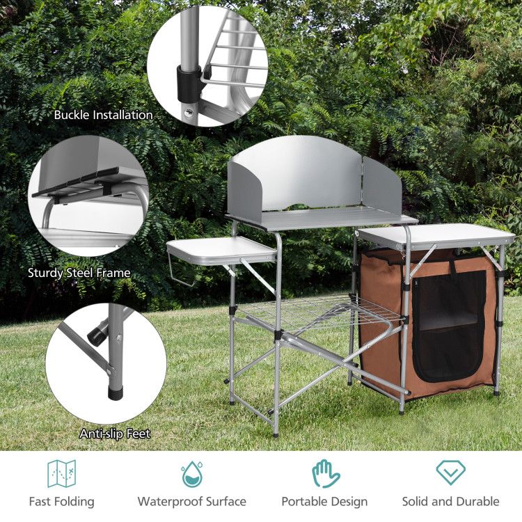 Foldable Outdoor BBQ Portable Grilling Table with Windscreen Bag Doba