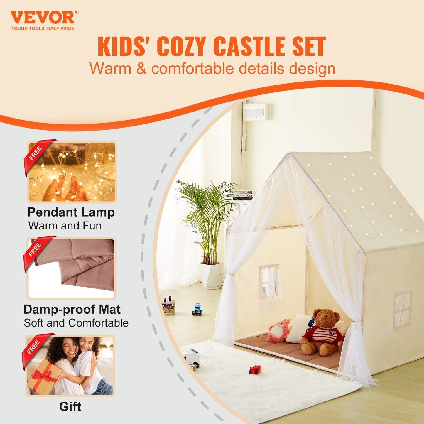 VEVOR Kids Play Tent, Kids Tent for Kids 1-5 Years Old, Toddler Tent with Mat and Tent Lamp, Tent for Kids with Windows for Indoor and Outdoor, Yurt Tent for Boys and Girls, Beige Doba