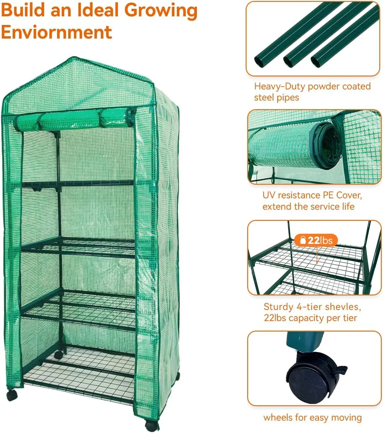 Mini Greenhouse,4 Tier Small Portable Greenhouses Kit with Caster Wheels and Roll-up Zipper PE Cover,Green House for Indoor Outdoor Seedling and Plant Growing (70x50x165cm),Green Doba