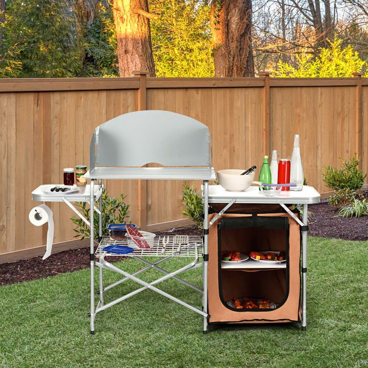 Foldable Outdoor BBQ Portable Grilling Table with Windscreen Bag Doba