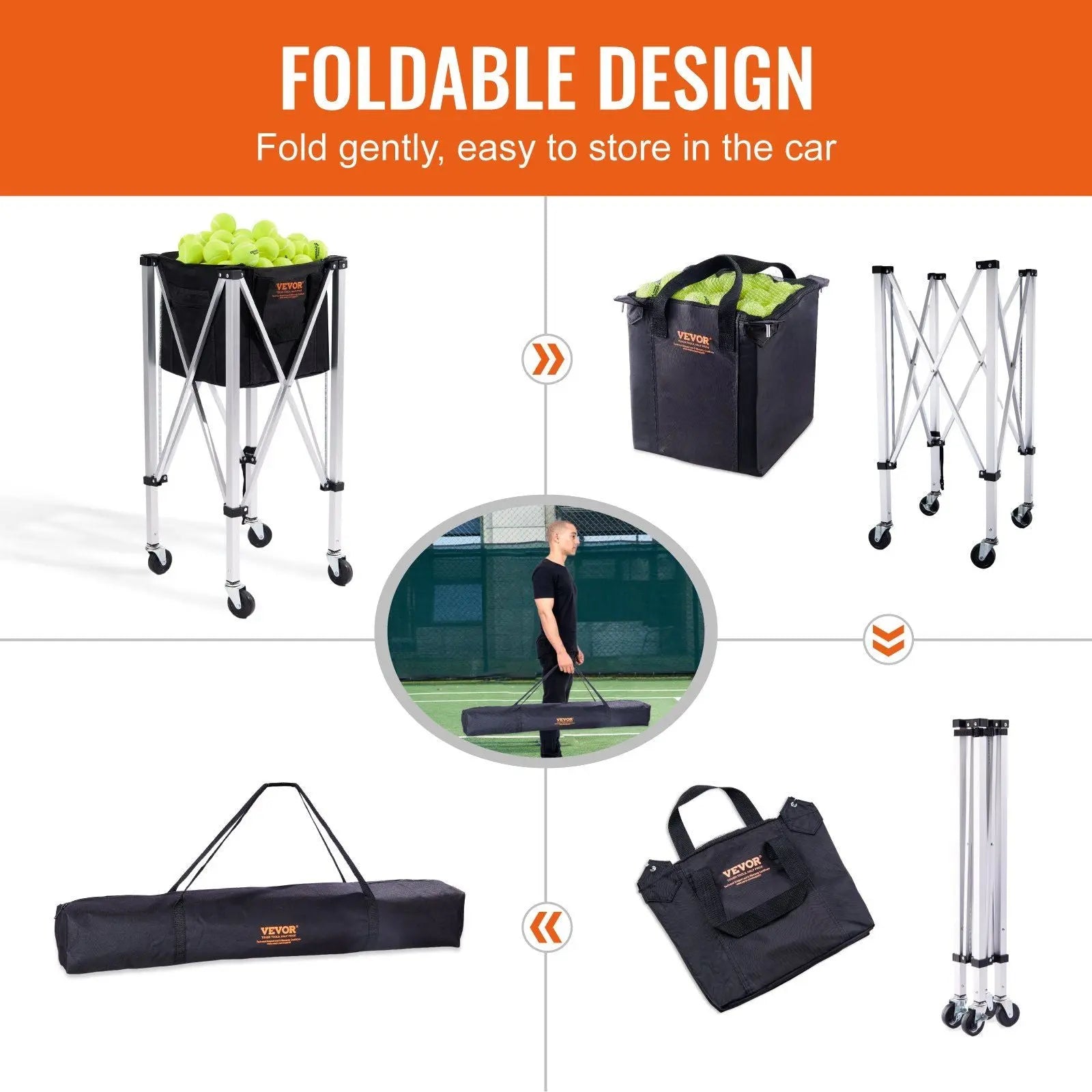 VEVOR Foldable Tennis Ball Hopper, Holds 180 Tennis Balls, Lightweight Aluminum Alloy Tennis Ball Basket Cart with Wheels, Removable Bag, Carry Bag, Portable Sports Teaching Cart for Tennis Player Doba